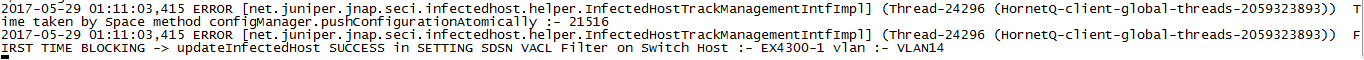 Log file snippet with error messages from network management. Mention of thread Thread-24296 and HornetQ-client-global-threads. Note of 21516 ms for pushConfigurationAtomically and successful SDSN VACL filter set on switch EX4300-1 for VLAN VLAN14.
