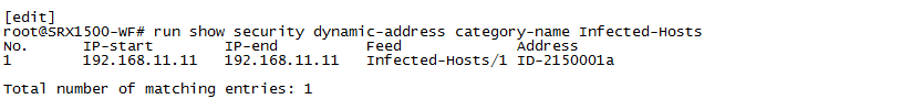 Output of a command on Juniper SRX firewall showing one infected host with IP 192.168.11.11 under category Infected-Hosts.