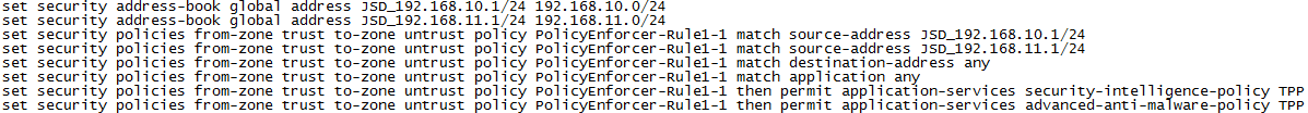 Configuration script for a network security device defining security policies, address book entries for subnets, and traffic filtering rules.