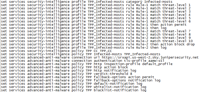 Configuration script for a Juniper Networks security device setting up security intelligence profiles and policies for threat management.