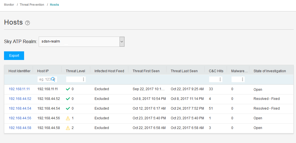 Screenshot of a Hosts monitoring interface in Sky ATP Realm, showing host identifiers, IP addresses, threat levels, timestamps, and investigation statuses.