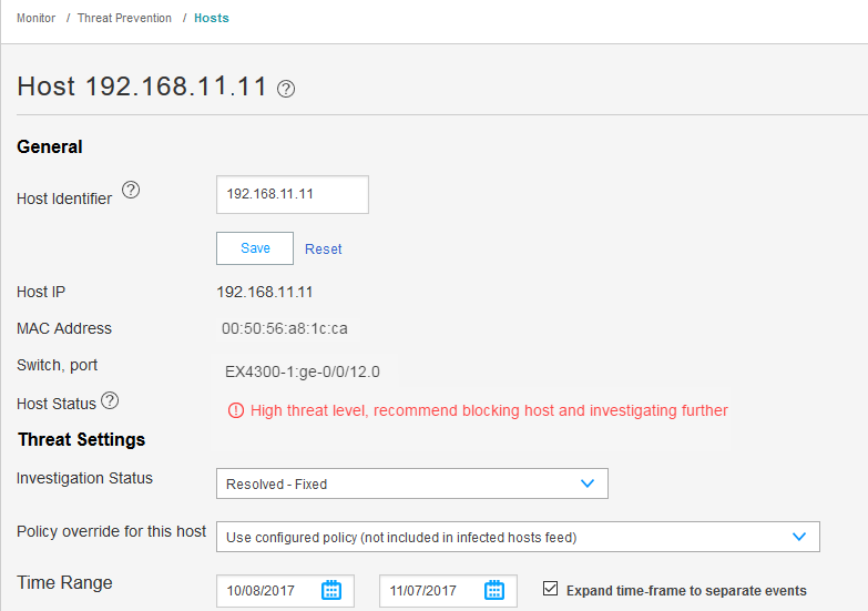 Network security interface showing host 192.168.11.11 with a high threat level. Recommendation to block host and investigate further.