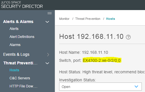 Junos Space Security Director interface showing Threat Prevention for host 192.168.11.10 with high threat level.