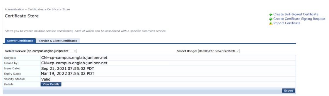 Server certificate details for cp-campus.englab.juniper.net, issued by same entity. Valid from September 21, 2021 to March 19, 2022. Usage: RADIUS/EAP Server Certificate.