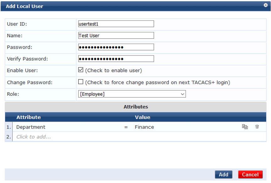 User interface for adding a local user with fields for User ID usertest1, Name Test User, Password, Verify Password, Enable User checkbox, Change Password checkbox, Role dropdown Employee, Attributes Department Finance, and buttons Add and Cancel.