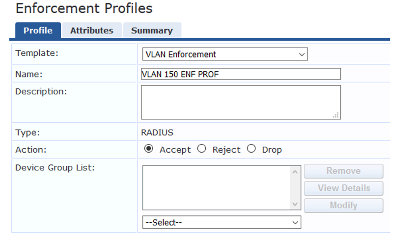 Configuration interface for editing VLAN Enforcement Profile with options for VLAN 150 ENF PROF, RADIUS type, and Accept action.
