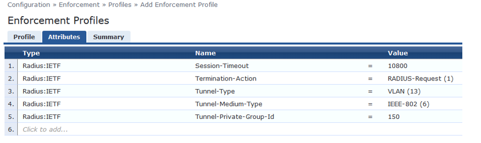 Configuration interface for Enforcement Profiles in network management system listing RADIUS attributes like Session-Timeout and Termination-Action with their values.