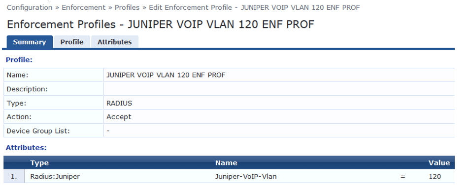 Configuration screen for JUNIPER VOIP VLAN 120 ENF PROF; RADIUS type, Accept action, Juniper-VoIP-Vlan value 120 for VoIP VLAN settings.