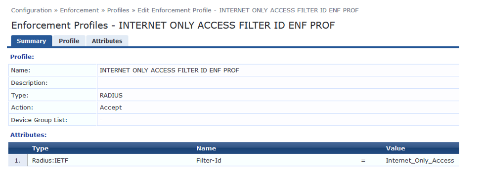 Enforcement Profile screen for RADIUS server; Profile Name: INTERNET ONLY ACCESS FILTER ID ENF PROF; Action: Accept; Filter-Id: Internet_Only_Access.