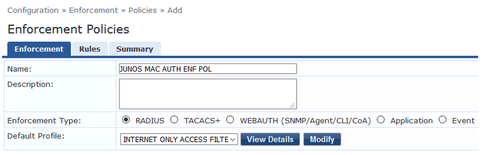 Configuration interface for editing Enforcement Policy in a network management system. Name is JUNOS MAC AUTH ENF POL. Enforcement Type is RADIUS. Default Profile is INTERNET ONLY ACCESS FILTE. Enforcement tab is active.