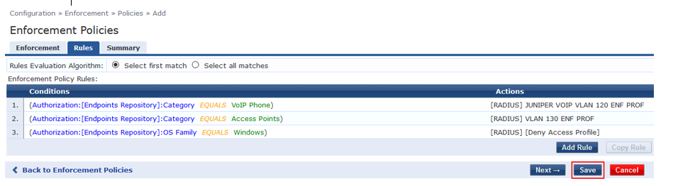 Web interface for configuring network access control policies using RADIUS, showing active Rules tab with conditions and actions for VLAN profiles.
