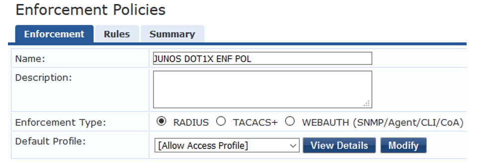 Configuration interface for Enforcement Policies in a network management system with options for Enforcement Type set to RADIUS and Default Profile as Allow Access Profile.