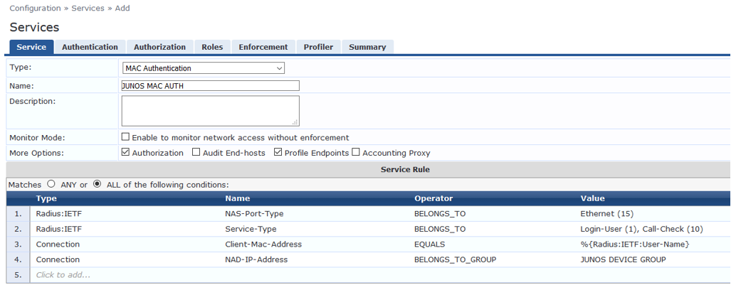 Configuration screen for MAC Authentication in a network access control system. Service named JUNOS MAC AUTH with options for monitoring, authorization, auditing, profiling, and accounting. Service rules include NAS-Port-Type Ethernet 15, Service-Type Login-User 1 and Call-Check 10, Client-MAC-Address equals Radius:IETF:User-Name, and NAD-IP-Address in JUNOS DEVICE GROUP.