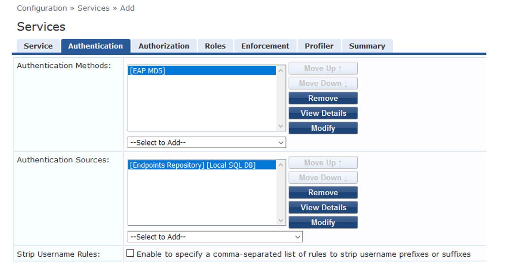 Configuration interface for setting up authentication services with tabs for Service, Authentication, Authorization, Roles, Enforcement, Profiler, and Summary. EAP MD5 is the selected authentication method. Selected sources include Endpoints Repository and Local SQL DB. Option to enable strip username rules is available.
