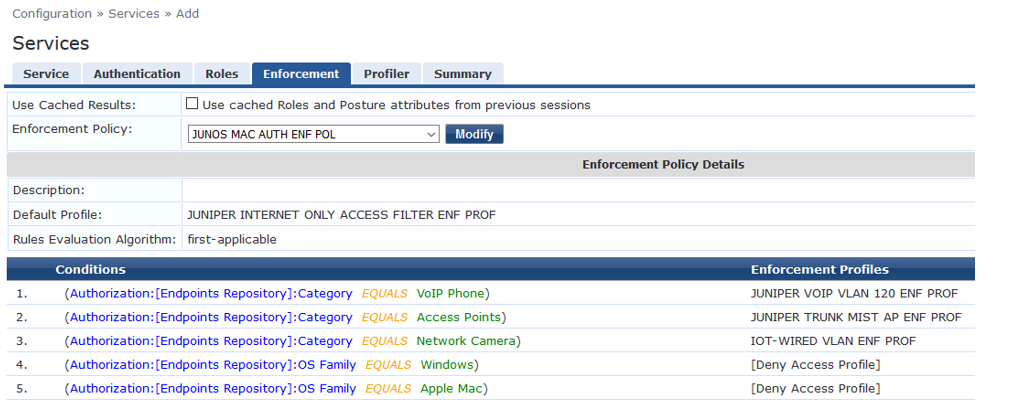 Screenshot of a network access control system showing enforcement policies. Tabs include Service, Authentication, Roles, Enforcement, Profiler, and Summary. Selected policy: JUNOS MAC AUTH ENF POL. Default profile: JUNIPER INTERNET ONLY ACCESS FILTER ENF PROF. Rules evaluated as first-applicable. Conditions assign profiles based on device type or OS, e.g., VoIP Phone to JUNIPER VOIP VLAN 120 ENF PROF, Windows to Deny Access Profile.