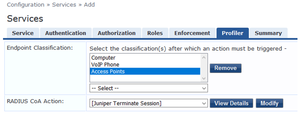 Configuration interface for network service under Profiler tab. Endpoint Classification set to Access Points. RADIUS CoA Action is Juniper Terminate Session.