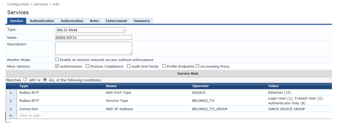 Configuration screen for 802.1X Wired service in NAC system. Service named JUNOS DOT1X for Juniper devices. Authorization enabled, monitoring unchecked. Matches all conditions: NAS-Port-Type Ethernet 15, Service-Type Login-User 1, Framed-User 2, Authenticate-Only 8, NAD-IP Address in JUNOS DEVICE GROUP.