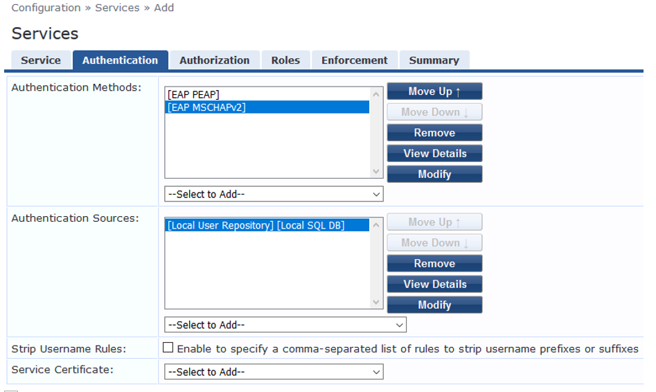 Configuration interface for authentication setup in a network system with sections for methods, sources, username rules, and service certificate selection.