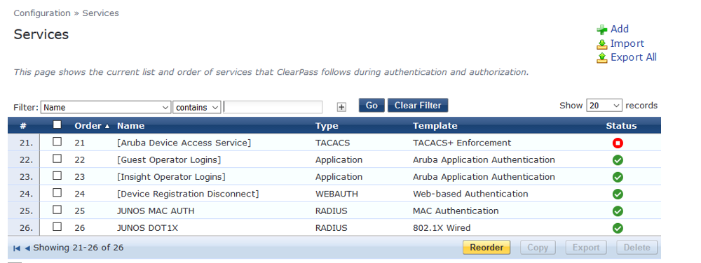 Screenshot of Aruba ClearPass Services page showing a list of services for authentication and authorization. Filter section, services table with order, name, type, template, and status. Action buttons for adding, importing, or exporting services.