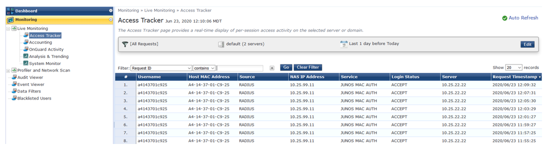 Access Tracker page of a network monitoring tool, showing per-session access activity with filters and a data table for usernames, MAC addresses, and login status.