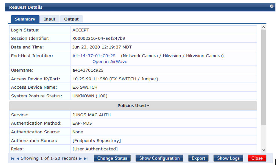Network access control interface showing a successful login with session ID R00002316-04-5ef247b9 on Jun 23, 2020. Device is a Hikvision camera with MAC A4-14-37-01-C9-25. Authentication via JUNOS MAC AUTH and EAP-MD5.