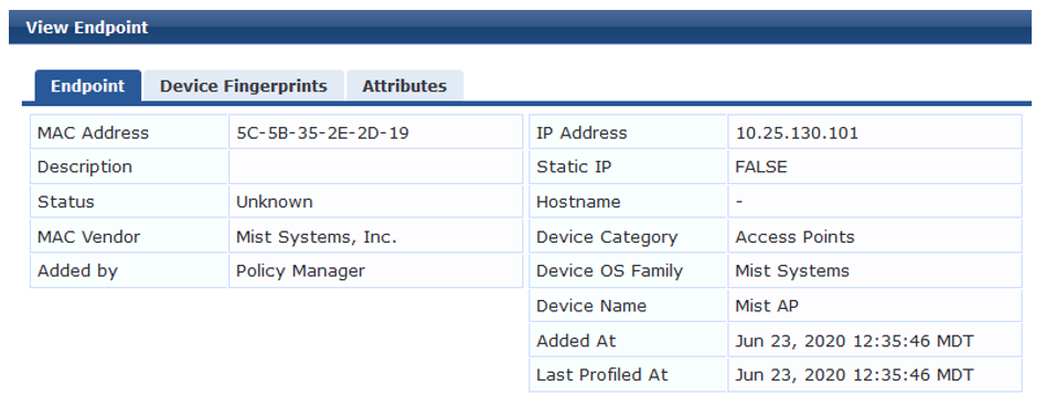 Network management interface showing endpoint details: MAC 5C-5B-35-2E-2D-19, IP 10.25.130.101, MAC Vendor Mist Systems, Device Name Mist AP, Added by Policy Manager on Jun 23, 2020.