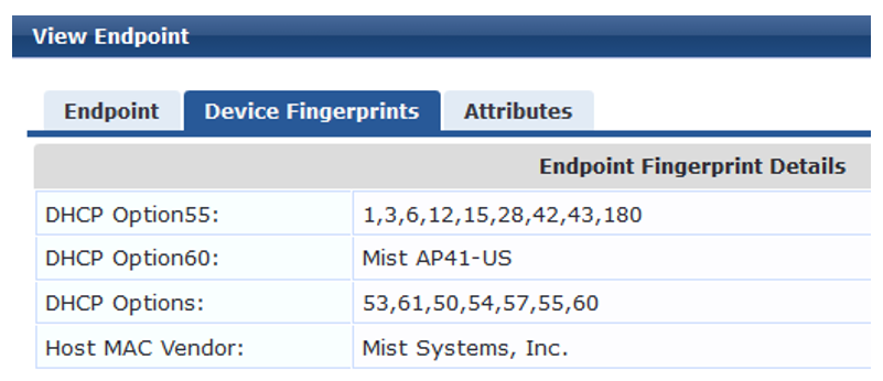 Network management interface showing DHCP fingerprint and MAC vendor details for Mist Systems AP41 access point.