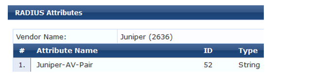 Table titled RADIUS Attributes showing Juniper vendor ID 2636. Attribute name Juniper-AV-Pair with ID 52 and type String.
