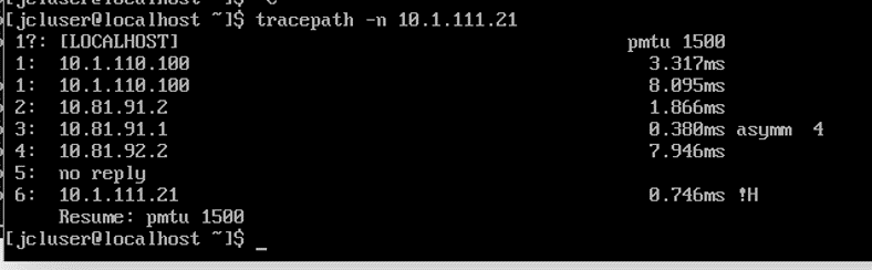 Tracepath command output showing network path to IP address 10.1.111.21. Localhost to destination in 6 hops, hop 5 unresponsive. Path Max Transmission Unit is 1500.