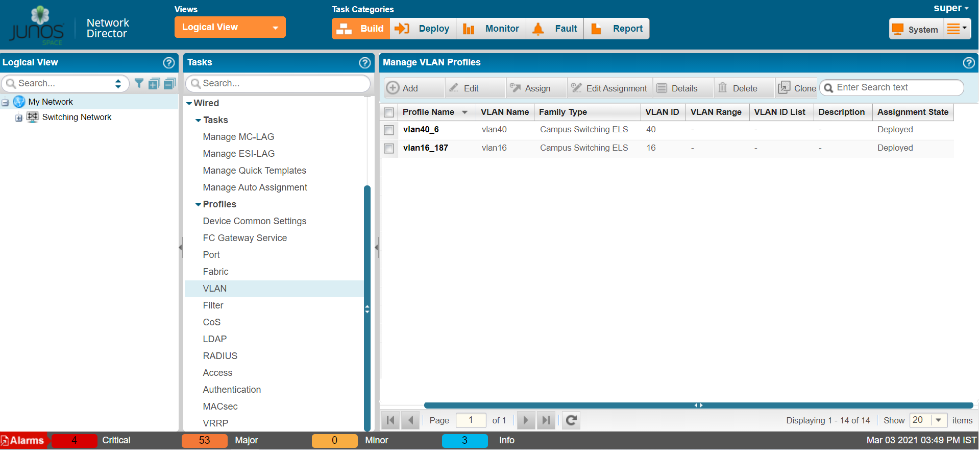 Junos Space Network Director interface shows "Manage VLAN Profiles" section with VLAN details, task categories, alarms, and user info.