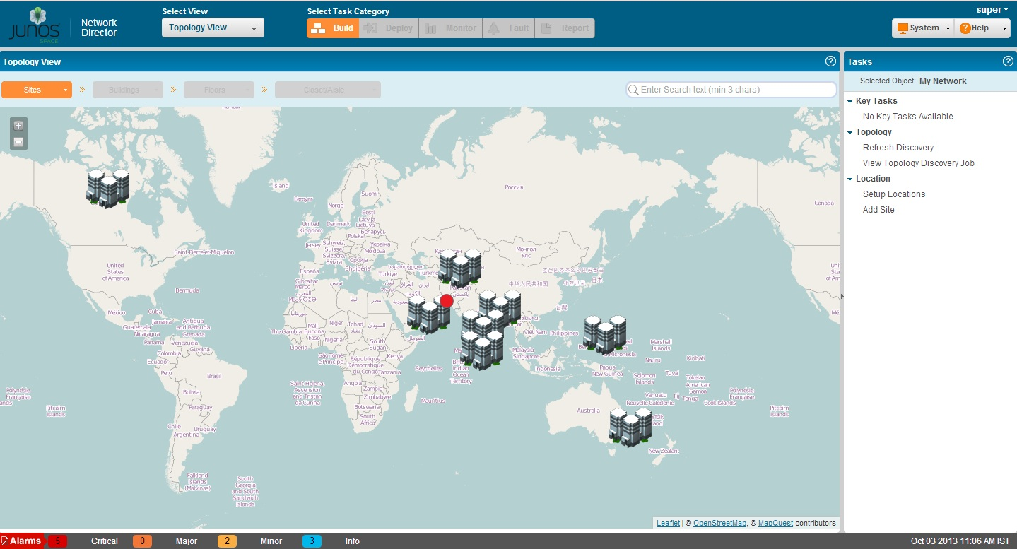 Junos Space Network Director interface showing a world map with server icons indicating network sites, task options, and alarm status bar.