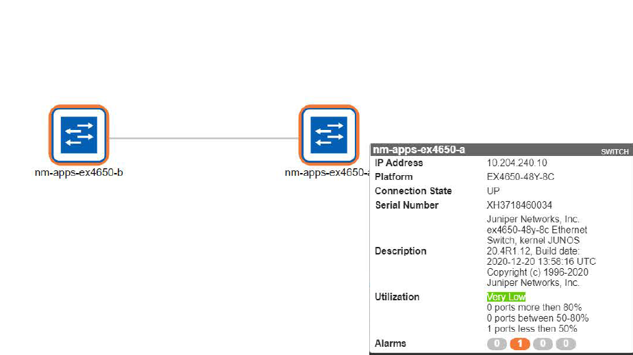 Network diagram showing switches nm-apps-ex4650-a and nm-apps-ex4650-b connected. Switch nm-apps-ex4650-a details: IP 10.204.240.10, platform EX4650-48Y-8C, state UP, serial XH3718460034, Juniper EX4650-48Y-8C, utilization Very Low, 1 alarm less than 50 percent.