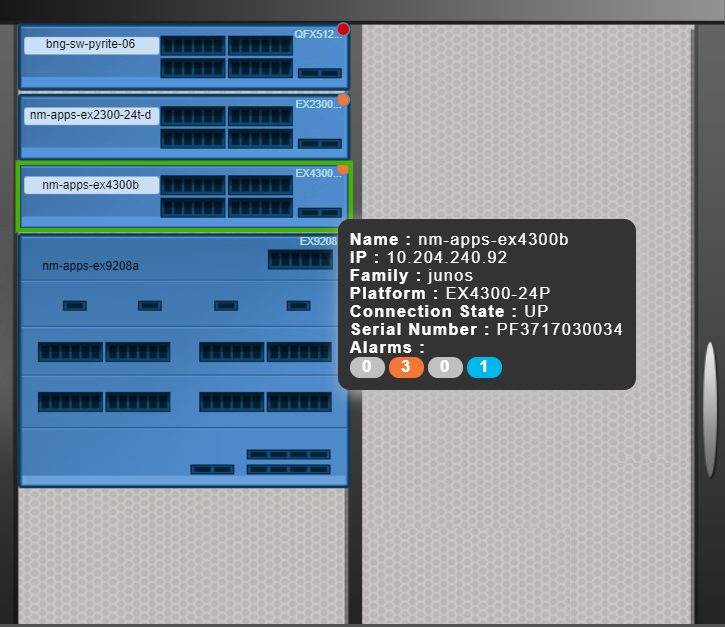 Graphical representation of network equipment with a highlighted Juniper EX4300-24P switch named nm-apps-ex4300b. Status: UP, IP 10.204.240.92, 0 critical alarms, 3 major alarms.