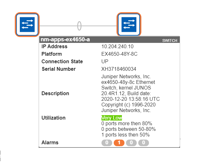 Juniper EX4650 switch nm-apps-ex4650-a with IP 10.204.240.10 is operational. Running JUNOS 20.4R1.12. One minor alarm present.