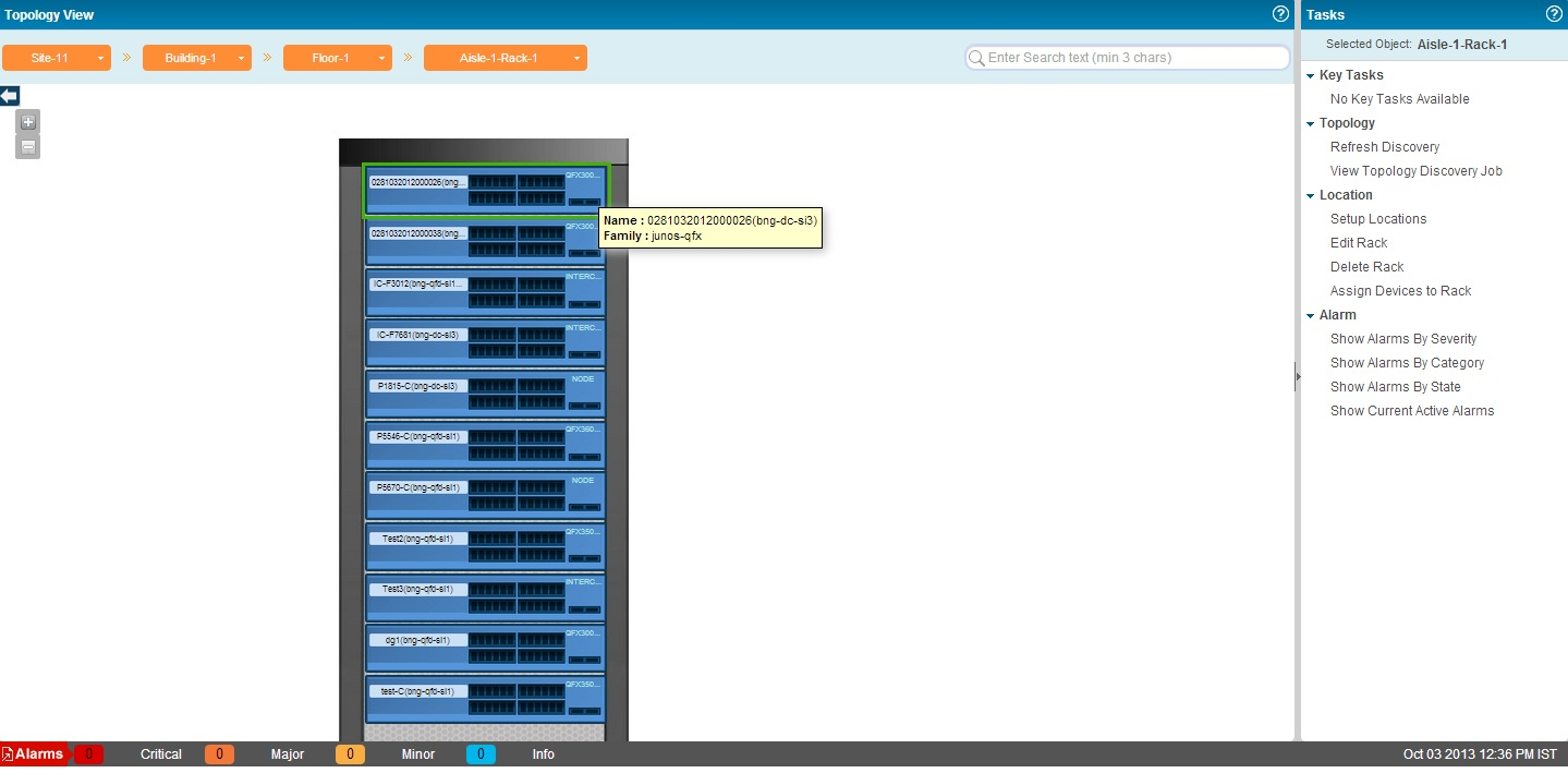 Topology view of Aisle-1-Rack-1 in Site-11 showing network devices like QFX3500 and IC-F3012. Tooltip displays device name 0281032012000026 and family junos-qfx. Tasks panel includes options like Refresh Discovery and Show Alarms By Severity. Alarm status indicates no alarms. Timestamp Oct 03 2013 12:36 PM IST.