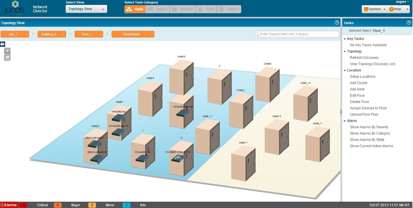 Junos Space Network Director interface showing Floor_1 topology with network closets, devices, and alarm summary with 3 minor alarms.