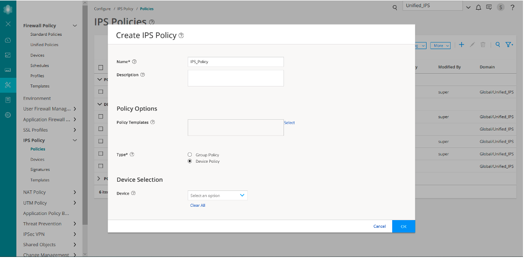 User interface for creating an IPS policy in a network security app with fields for name, description, policy options, and device selection. Includes Cancel and OK buttons.
