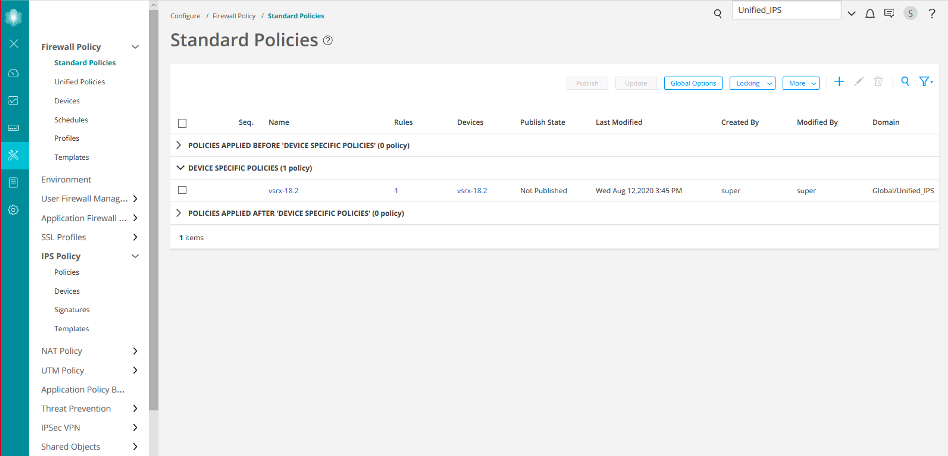 Standard Policies section in Firewall Policy interface listing policies before and after device-specific settings with options for managing them.