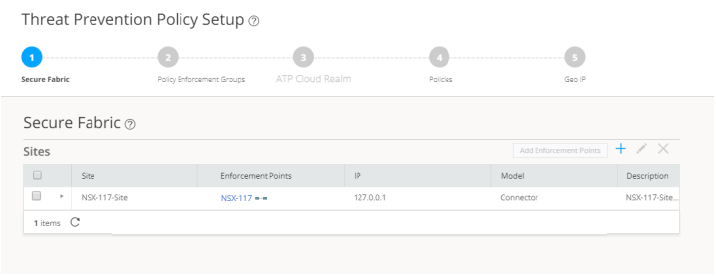 Software interface for threat prevention policy setup showing five steps: Secure Fabric, Policy Enforcement Groups, ATP Cloud Realm, Policies, Geo IP. Secure Fabric step highlighted with a table listing site details: NSX-117-Site with IP 127.0.0.1 and model Connector.
