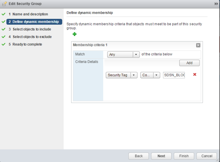 Security group editing interface at Define dynamic membership step with criteria for Security Tag SDSN_BLOCK and navigation buttons Back, Next, Finish, Cancel.