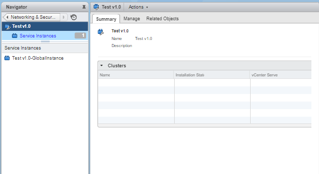 VMware vSphere web client interface showing Networking and Security section with Test v1.0 service instance. Summary tab displays empty Clusters section.