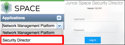 Junos Space Security Director login screen with menu showing Network Management Platform and Security Director highlighted in red. Version 15.2 R1.