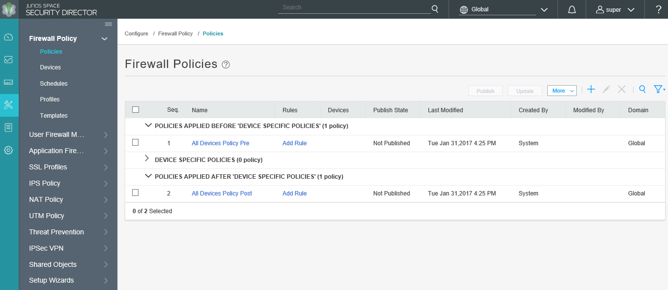 Screenshot of Junos Space Security Director showing Firewall Policies configuration with navigation panel and toolbar for managing network firewall rules.
