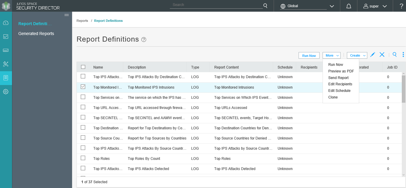 Junos Space Security Director Report Definitions section showing a list of reports with columns for Name, Description, and more. Selected report: Top Monitored IPS Intrusions.