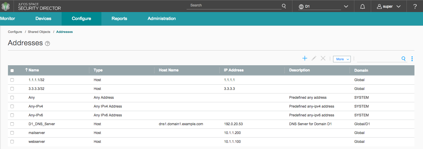 Junos Space Security Director Addresses page showing address objects like 1.1.1.1/32 and D1_DNS_Server with IPs and descriptions.