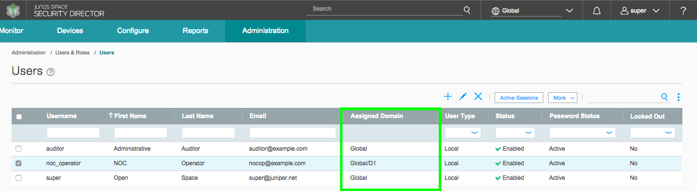 User management interface from Junos Space Security Director showing a table of users with the Assigned Domain column highlighted.