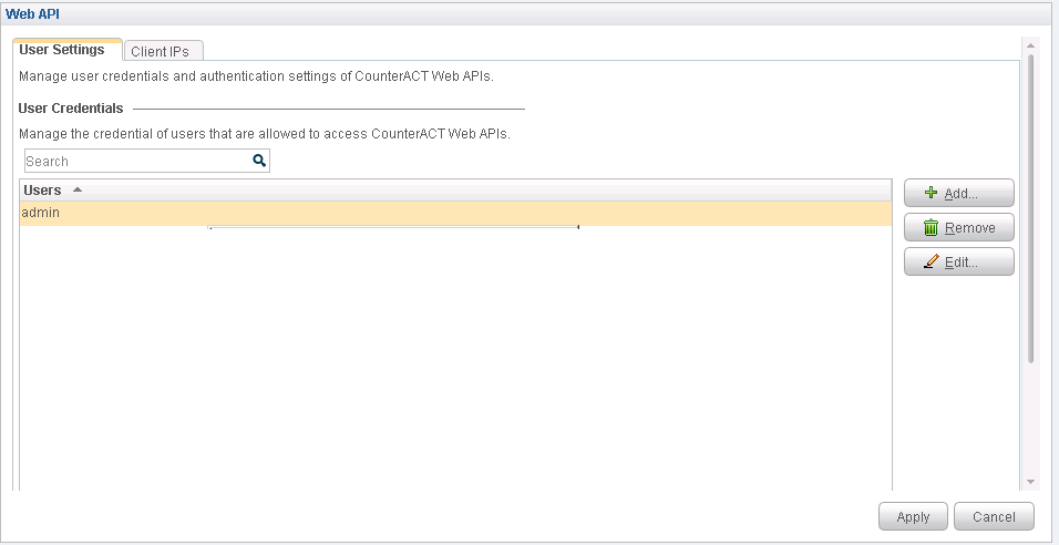 CounterACT Web API settings interface with User Settings tab active. User Credentials section displays one user admin with options to add, remove, or edit. Apply and Cancel buttons at the bottom.