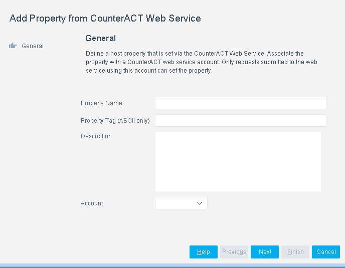User interface for adding a property in CounterACT Web Service with fields for Property Name, Tag, Description, and Account selection. Buttons: Help, Previous, Next, Finish, Cancel.