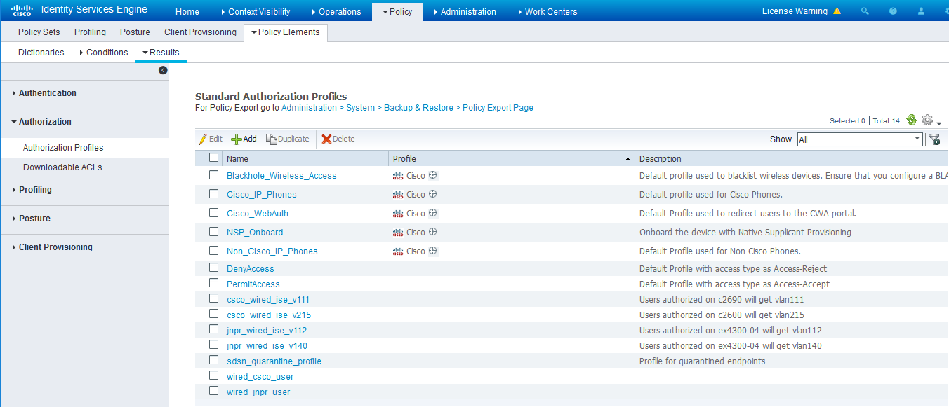 Cisco ISE interface showing Standard Authorization Profiles under Policy Elements tab. Features navigation bar, profiles table, action buttons, and license warning.