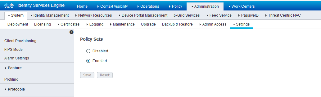 Cisco ISE Policy Sets page under Administration tab. Policy Sets feature is enabled with Save and Reset buttons visible.
